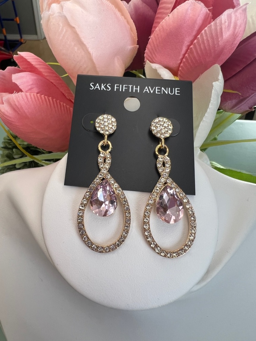 Saks Fifth Avenue Dangling Oval Pink Stone Earrings - Picture 4 of 7
